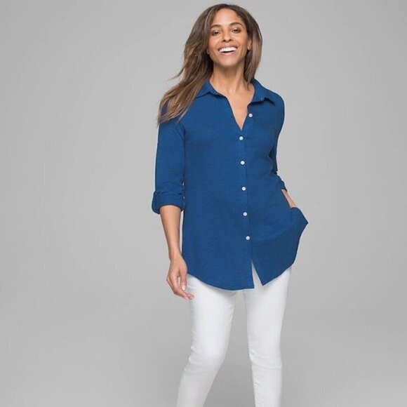 Soma Sz L Blue Button Up Tunic Cotton Modal Slub Knit Shirt Roll Tab Sleeve Top - Picture 1 of 8